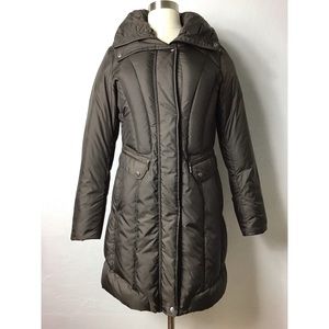 New Cole Haan brown puffer down long jacket coat with hidden hood